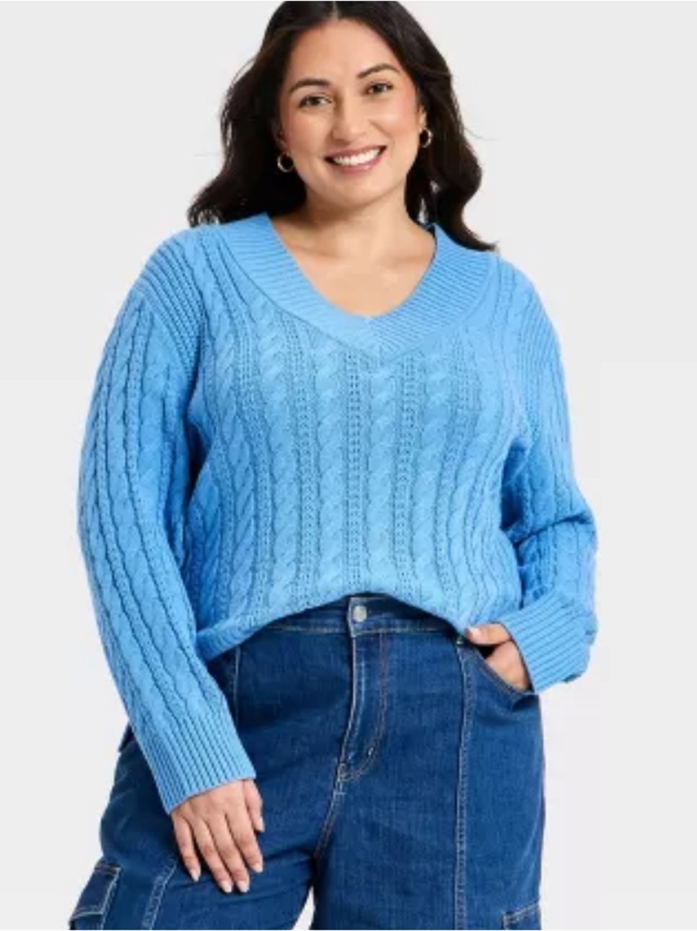 Ava & Viv Women's Long Sleeve Cable Knit V-Neck Pullover Sweater Blue 2X